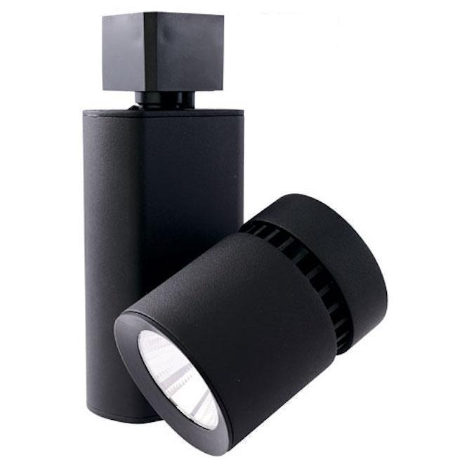 LED Track Head Light, a black tube with a light, providing 1000 lumens of soft, ambient illumination. 358° rotation and 90° tilt for versatile lighting in residential and commercial settings. Made from die-cast aluminum, this compact fixture is designed by ELCO Lighting.