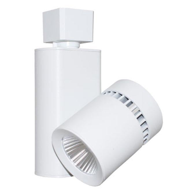 LED Track Head Light, a white fixture with a square cap, provides 1000 lumens of soft, ambient light. 358° rotation and 90° tilt for versatile lighting. Made from die-cast aluminum. Ideal for residential and commercial settings.