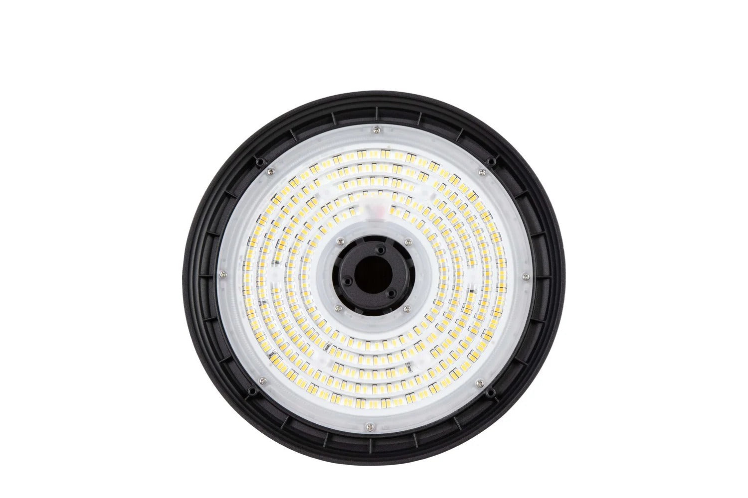 Underside view of the UFO high bay highlighting the lens surface and the center-mounted sensor receptacle/port for control accessories; 120–277V input with 0–10V dimming, selectable 150/200/240W output producing 22,500–36,000 lumens with 4000K/5000K/5700K CCT choices.