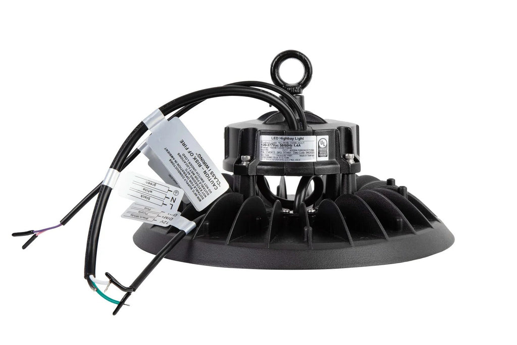 Side view of the LED UFO high bay showing the ring bolt hanging point, heat-sink fins, and the power cord exiting the top; 100/125/150W, 15,000–22,500 lm, 4000K/5000K/5700K, 0–10V dimming, 120–277V.