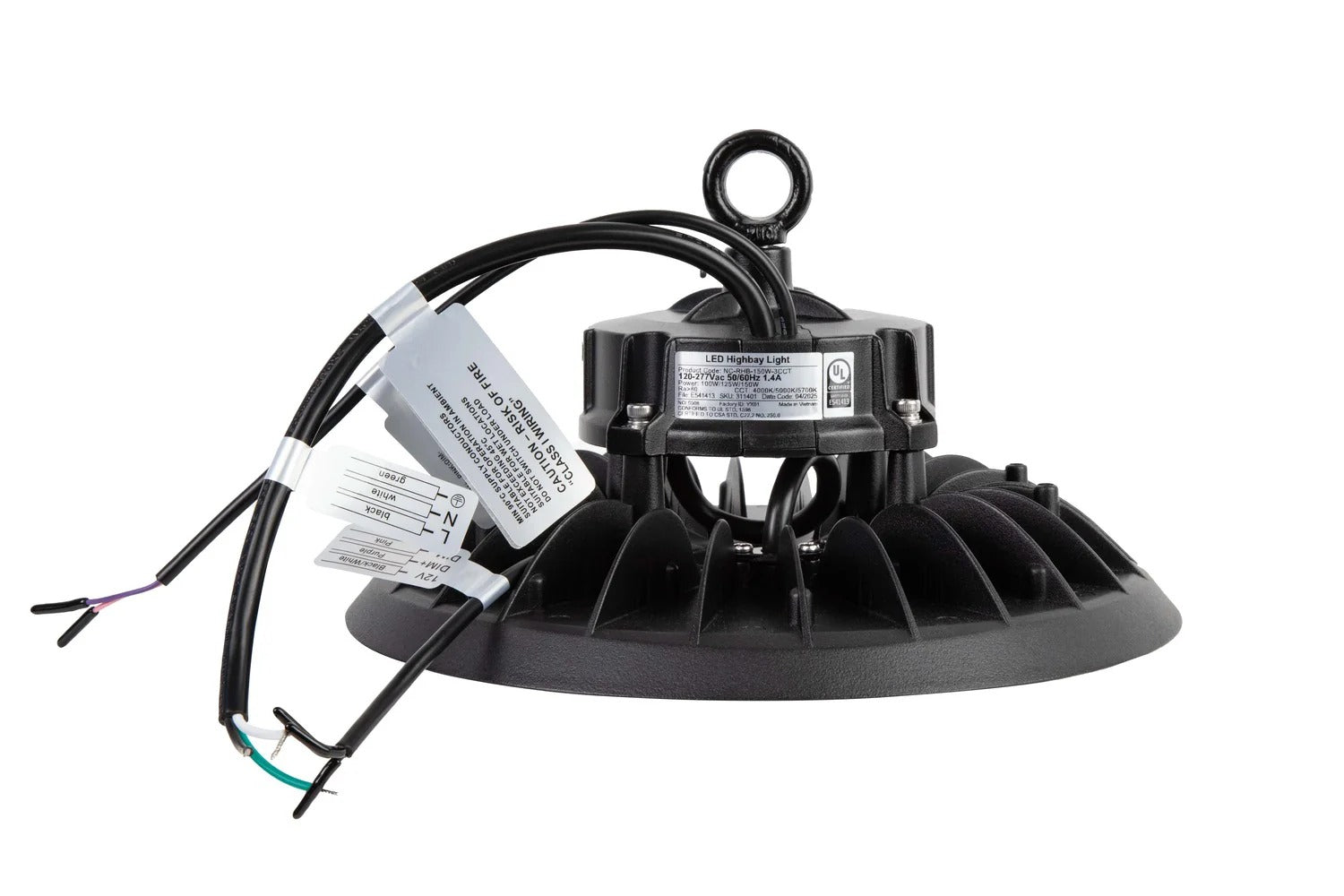 Side view of the LED UFO high bay showing the ring bolt hanging point, heat-sink fins, and the power cord exiting the top; 100/125/150W, 15,000–22,500 lm, 4000K/5000K/5700K, 0–10V dimming, 120–277V.