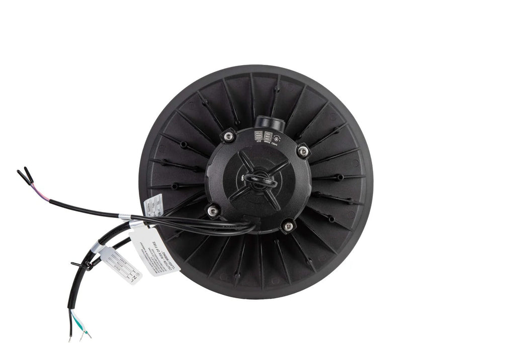 Overhead view of the 100/125/150W LED UFO high bay highlighting the ring bolt mount, heat-sink fins, safety tether, and dual lead sets—pink/purple and black/green/white—with the black conductor protected by a rubber jacket; 15,000–22,500 lm, 4000K/5000K/5700K, 0–10V dimming, 120–277V.