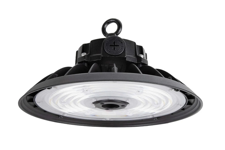 LED UFO high bay light with round housing and prismatic lens for high-bay installations; 120–277V input, 0–10V dimming, 100/125/150W options (15,000–22,500 lumens) with 4000K/5000K/5700K color options.