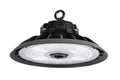 LED UFO high bay light with round housing and prismatic lens for high-bay installations; 120–277V input, 0–10V dimming, 100/125/150W options (15,000–22,500 lumens) with 4000K/5000K/5700K color options.