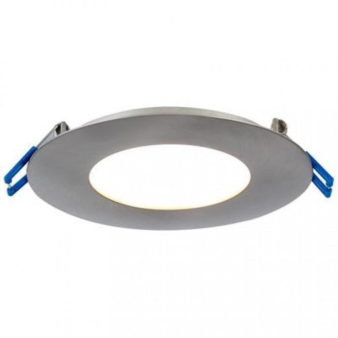 A white LED ultra thin recessed light fixture with blue clips, providing 850 lumens of light output. It is only 0.5" in height and does not require a rough-in can for installation. Perfect for applications where other fixtures cannot fit.