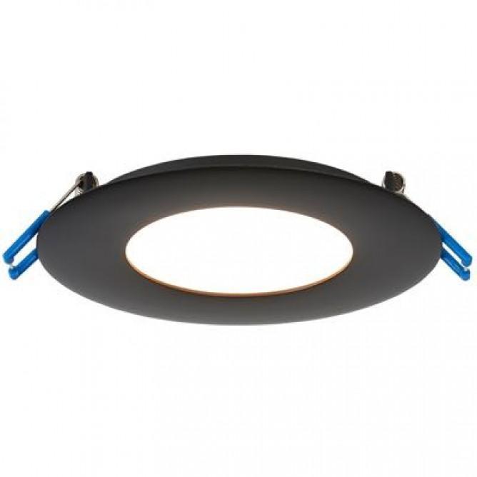 A black and blue LED ultra thin recessed light fixture by Lotus LED Lights, providing 850 lumens of light output. It is only 0.5" in height, making it perfect for applications where other fixtures cannot fit. Easy installation with attached spring clips, no rough-in can required.
