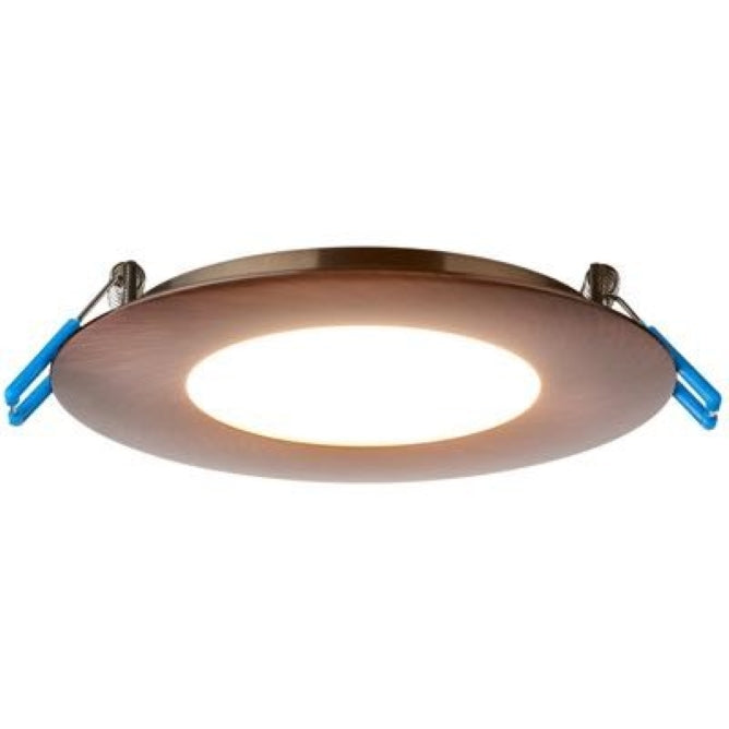 LED Ultra Thin Recessed Light with blue clips, providing 850 lumens of light output. No rough-in can required. Easy installation with attached spring clips. 5.25"D x .5"H.