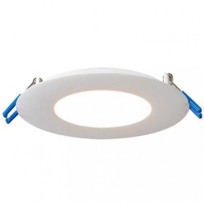 A white LED ultra thin recessed light fixture with blue clips, providing 850 lumens of light output. It is only 0.5" in height and does not require a rough-in can for installation. Perfect for applications where other fixtures cannot fit.