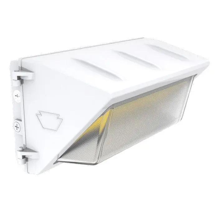 Main product shot in white finish of an LED wall pack with integrated photocell, showing the wall-mount housing and borosilicate glass lens for outdoor perimeter lighting; 120–277V input with 0–10V dimming, IP65-rated construction, selectable 3000K/4000K/5000K (3K/4K/5K) with 80+ CRI, 120W output delivering 17,865 lumens.