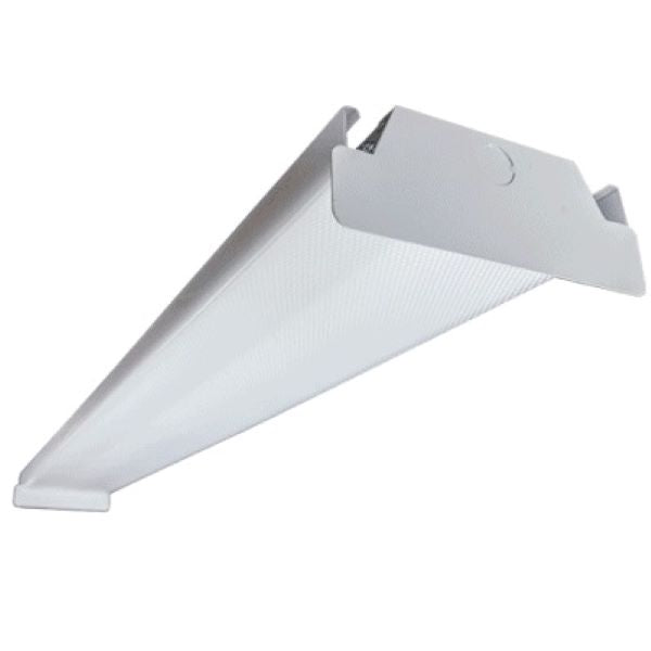 A close-up of the TCP LED Wraparound Garage Light, a white light fixture with a white cover. Provides 8050 lumens of superior light output in a maintenance-free fixture. Durable metal frame and impact-resistant frosted lens. Quick and easy installation. 47.71"L x 7.09"W x 2.8"H.
