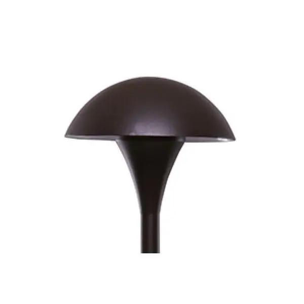 A Sollos Lighting Landscape Path Light, a black round object with a glass top. Perfect for highlighting pathways and walkways. Dimmable, ETL Listed, and suitable for wet locations. 5"W, 20W, 12V. 5-year warranty.