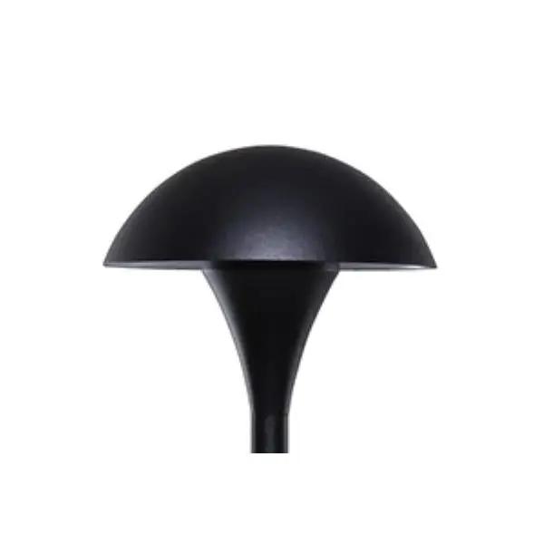 A Sollos Lighting Landscape Path Light, a black round object with a glass top. Perfect for highlighting pathways and walkways. Dimmable, ETL Listed, and suitable for wet locations. 5"W, 20W, 12V. 5-year warranty.