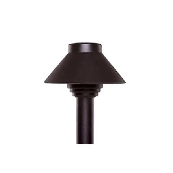 A close-up of a Landscape Path Lighting Fixture, showcasing a lamp post with a black pole and a black cap.