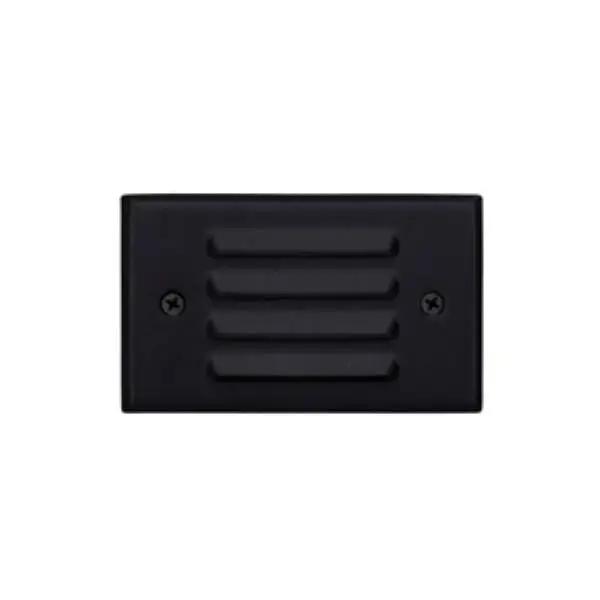 Landscape Step Lighting Fixture: A black rectangular object with a vent, perfect for outdoor stairway applications. 20W, 12V, T3 bulb type, dimmable, ETL listed, wet location safety rating. Textured black or textured bronze finish. 4.8"W x 2.6"D. Lifetime warranty.