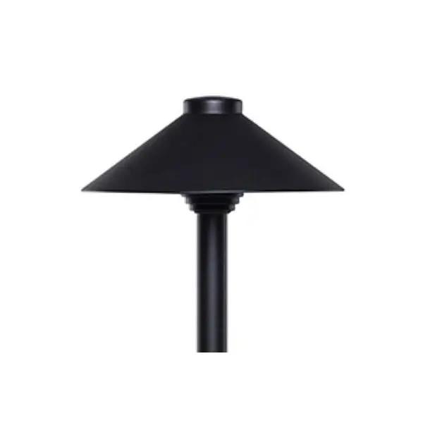A black lamp post with a cone-shaped shade, perfect for adding beautiful pathway lighting. Landscaping Path Lighting Fixture by Sollos Lighting.