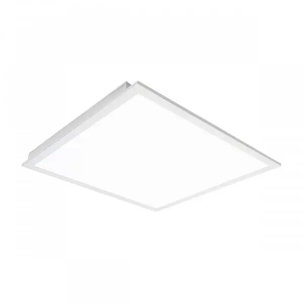 A white square light fixture for drop ceilings, providing even, edge-to-edge illumination. Wattage and color temperature selectable, ideal for commercial offices, retail stores, and medical facilities. 23.7"L x 23.7"W. 5-year warranty.