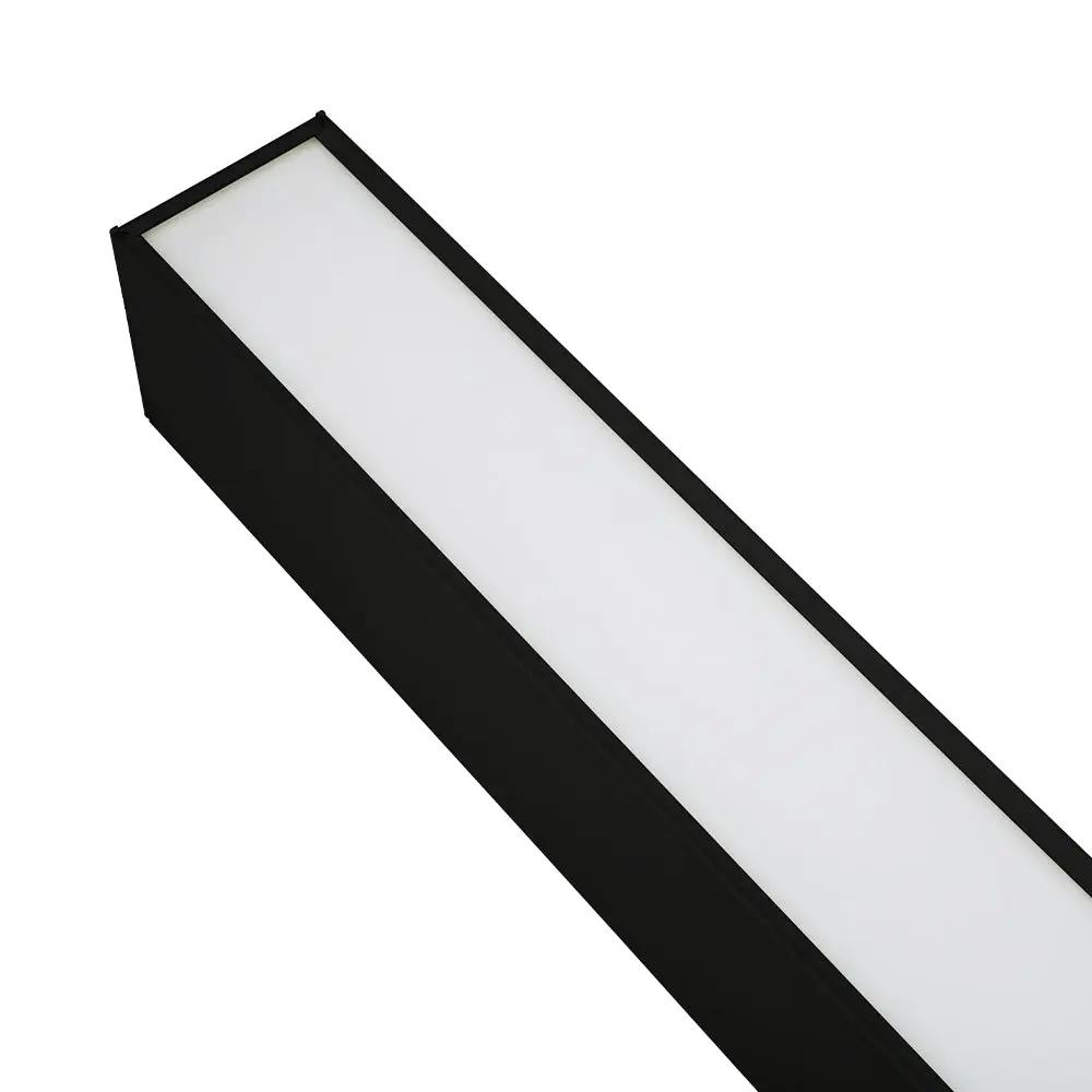 Linear Pendant Light, a rectangular black fixture providing 1950 lumens of uplight and 4550 lumens of downlight. Perfect for commercial spaces like office buildings, healthcare facilities, and retail stores. 50W LED, 3000K-5000K, dimmable, ETL Listed, RoHS Compliant, DLC Premium Listed. 47.48"L x 3.15"W x 2.75"H. 5-year warranty.