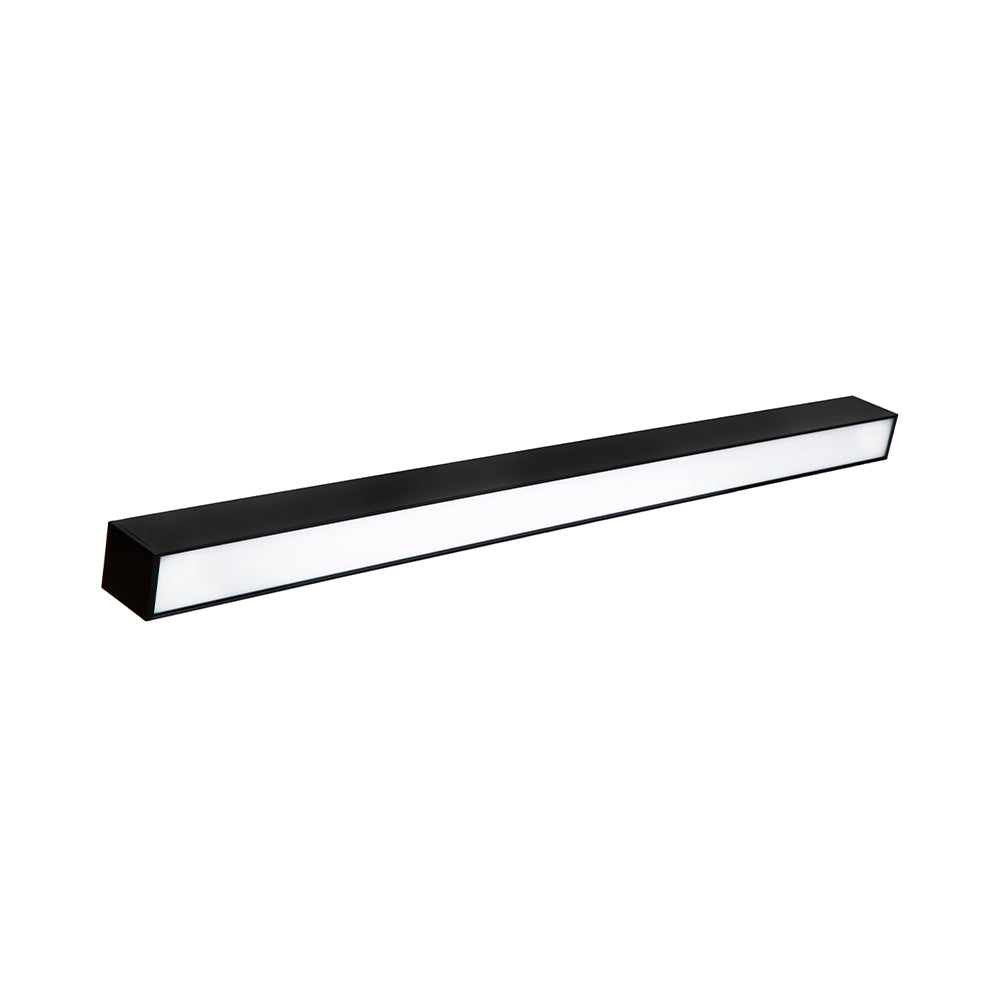 Linear Pendant Light, a black rectangular fixture providing 1950 lumens of uplight and 4550 lumens of downlight. Perfect for commercial spaces like offices, healthcare facilities, and retail stores. 50W LED with 3000K, 4000K, and 5000K color temperature options. ETL Listed, RoHS Compliant, DLC Premium Listed. 47.48"L x 3.15"W x 2.75"H. 5-year warranty.