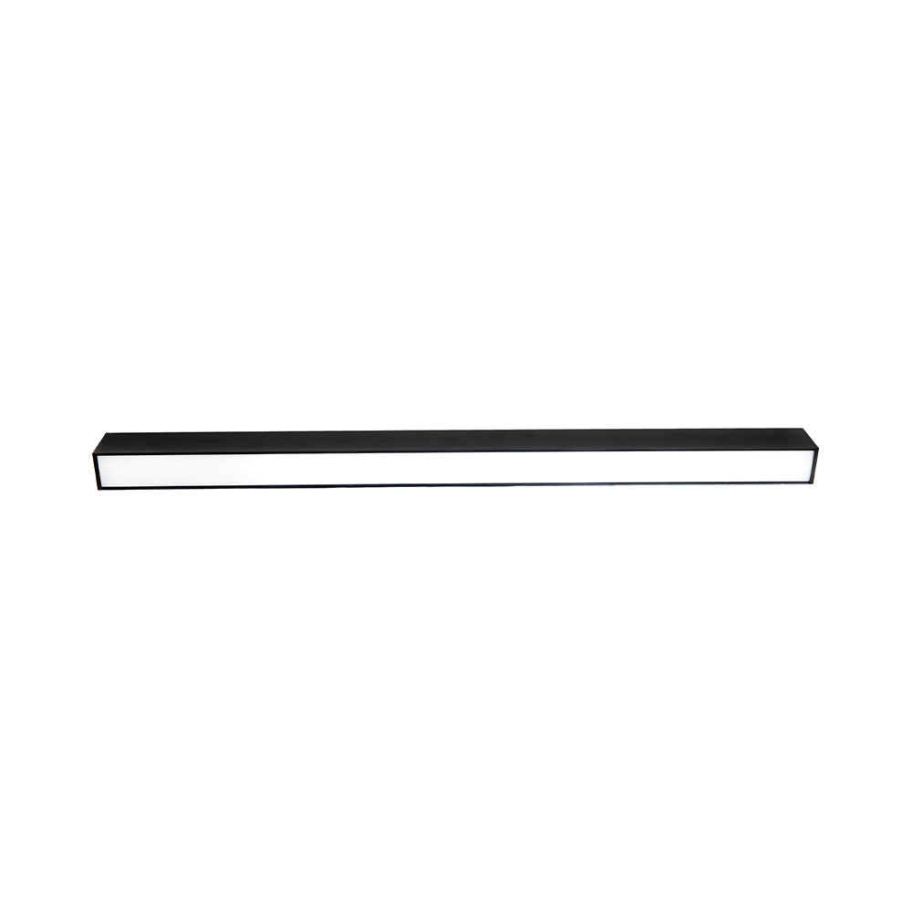 Linear Pendant Light: A sleek black rectangular LED fixture providing 1950 lumens of uplight and 4550 lumens of downlight. Perfect for commercial spaces like offices, healthcare facilities, and retail stores. 47.48"L x 3.15"W x 2.75"H. 5-year warranty.