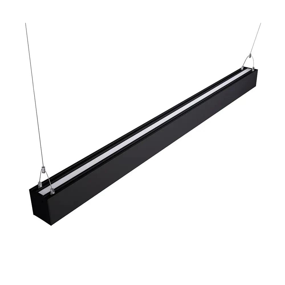 Linear Pendant Light: A black rectangular light with uplight and downlight, providing 1950 lumens and CCT selectable options. Perfect for commercial spaces like offices, healthcare facilities, and retail stores. 50W LED lamp with 3000K, 4000K, and 5000K color temperatures. ETL Listed, RoHS Compliant, DLC Premium Listed. 47.48"L x 3.15"W x 2.75"H dimensions. 5-year warranty, rated for 50,000 hours.