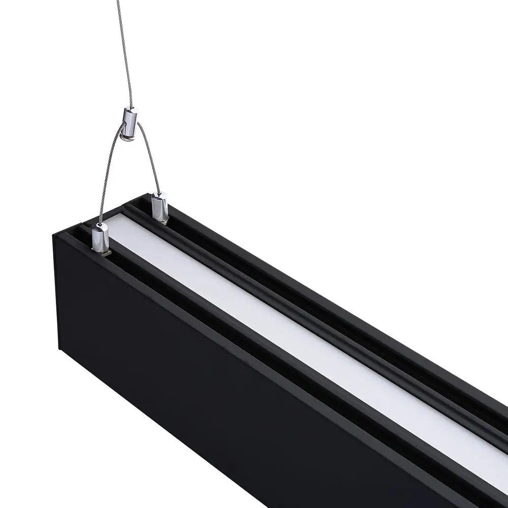Linear Pendant Light: A sleek black rectangular fixture with a white strip, providing 1950 lumens of uplight and 4550 lumens of downlight. Perfect for commercial spaces like offices, healthcare facilities, and retail stores. 50W LED, 6500 lumens, 3000K-5000K color temperature, 80 CRI. ETL Listed, RoHS Compliant, DLC Premium Listed. 47.48"L x 3.15"W x 2.75"H. 5-year warranty. Rated for 50,000 hours.