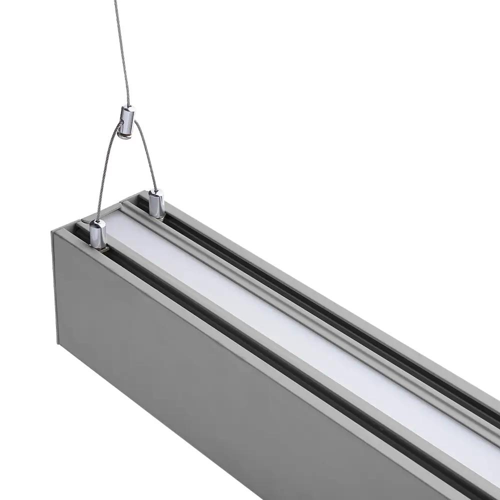 Linear Pendant Light, a close-up of a sleek aluminum design with uplight and downlight. Perfect for commercial spaces like offices, healthcare facilities, and retail stores. 6500 lumens, 50W, LED, 3000K-5000K, dimmable. ETL Listed, RoHS Compliant, DLC Premium Listed. 5-year warranty.