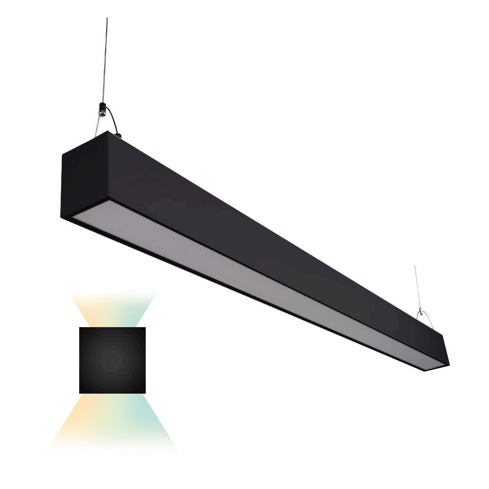 Linear Pendant Light, a long rectangular fixture providing 1950 lumens of uplight and 4550 lumens of downlight. Perfect for commercial spaces like offices, healthcare facilities, and retail stores. 50W LED with 3000K, 4000K, 5000K color temperatures. ETL Listed, RoHS Compliant, DLC Premium Listed. 47.48&quot;L x 3.15&quot;W x 2.75&quot;H. 5-year warranty.
