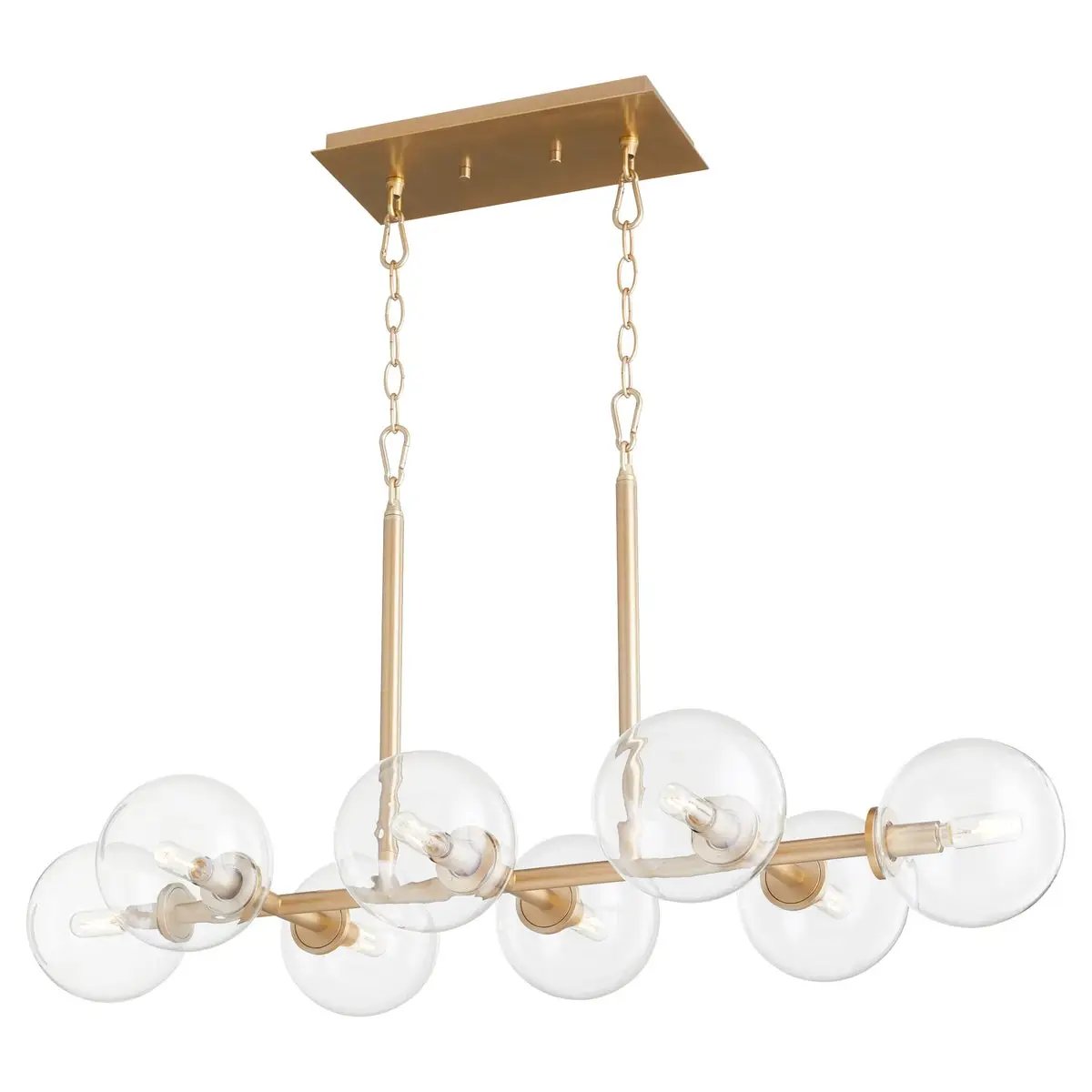 Linear Sputnik Chandelier with clear glass domes and aged brass frames, adding mid-century modern appeal. Dramatic and charming lighting fixture with superior design.