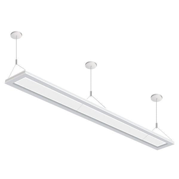Linear Suspended Light Fixture with transparent zone, creating illusion of floating light. 4ft, 4254 lumens, LED, 40W, 3500K, dimmable. UL Listed, DLC Standard Listed. 47.24"L x 7.87"W x 0.94"H.