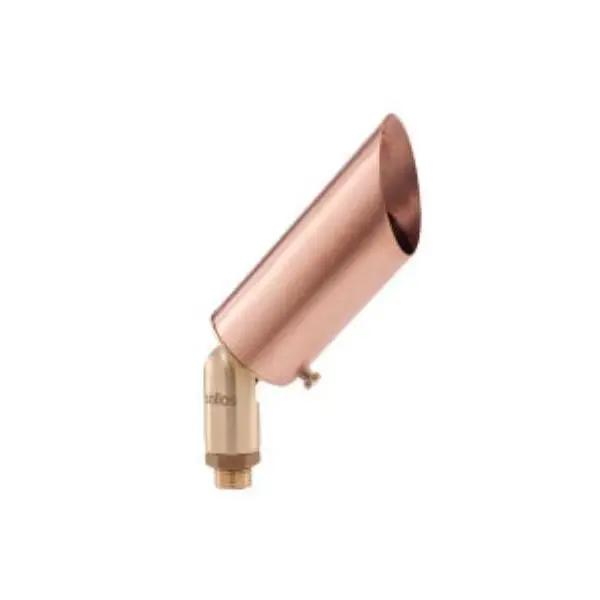 A copper cylinder-shaped low voltage landscape spot lighting fixture with a chain around it. Perfect for outdoor landscaping areas.