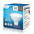 MR16 LED Bulb on a Box: A white light fixture with a light bulb on top. Provides 500 lumens, uses 87% less energy than incandescent bulbs. Dimmable, 7W, 12V.
