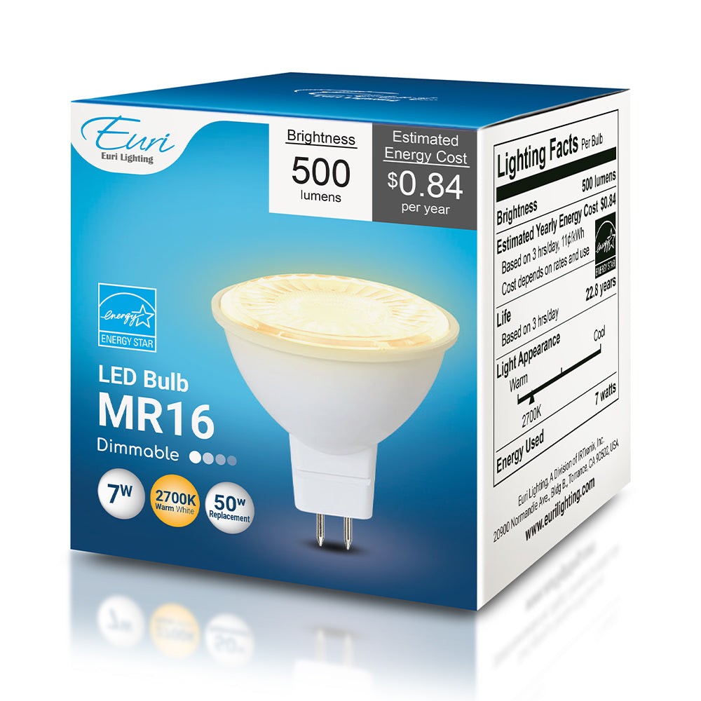 Retail packaging photo for an MR16 LED bulb showing the product box with listed specs: 7W input, 500-lumen output, 80 CRI, dimmable operation, bi-pin GU5.3 base, ENERGY STAR rating, and 12V low-voltage operation.