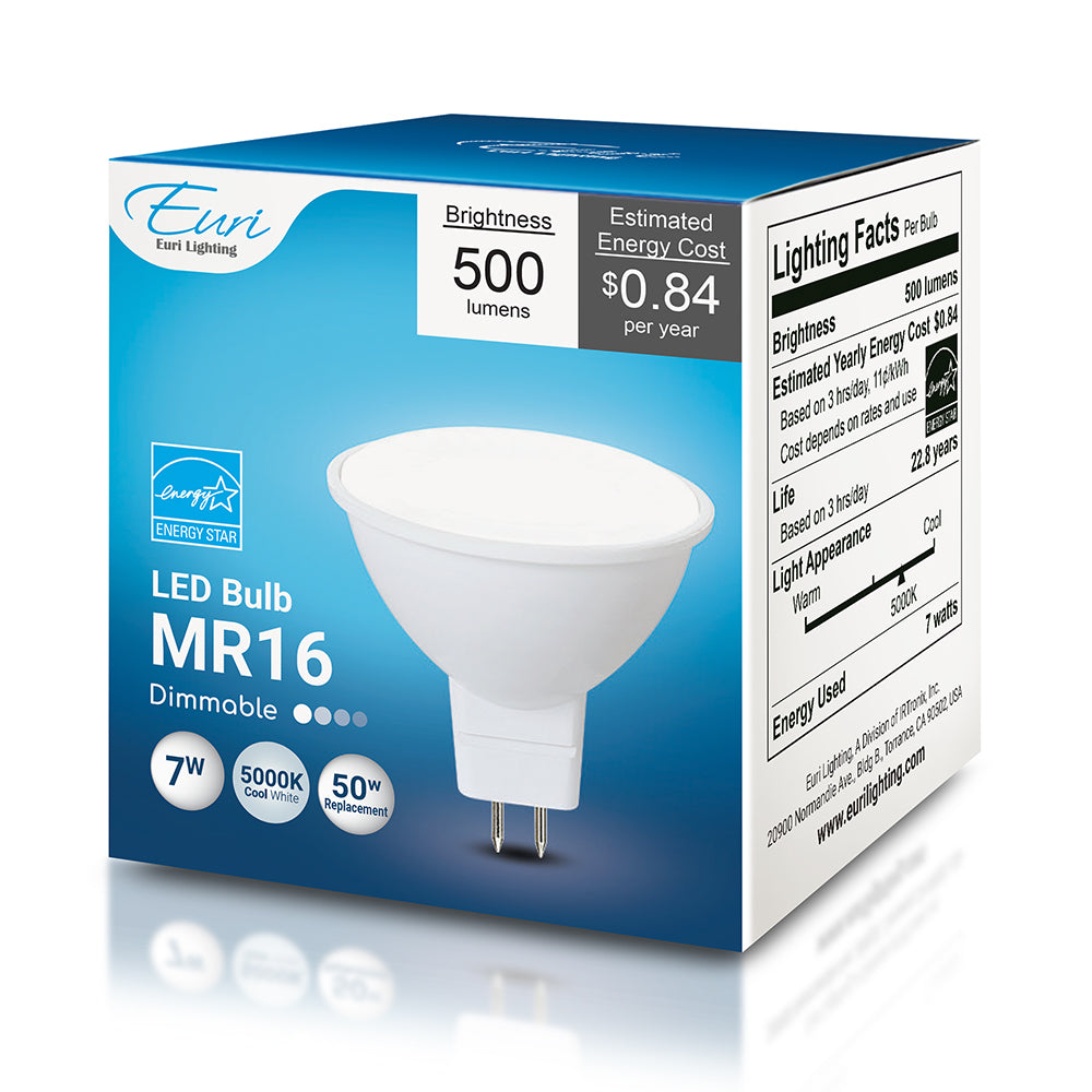 Retail box packaging for the MR16 LED bulb showing 7W power, 500 lumens, 80+ CRI, dimmable performance, GU5.3 bi-pin base, ENERGY STAR rating, and 12V operation.