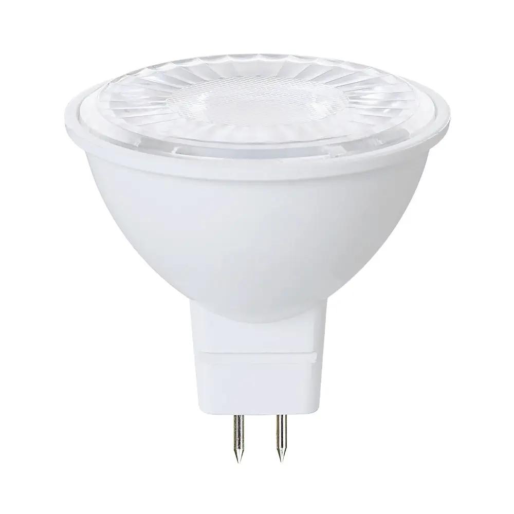MR16 LED lamp with GU5.3 bi-pin base for low-voltage track and accent lighting, dimmable output; 12V input, 7W (500 lumens) with 80 CRI and Energy Star rating.