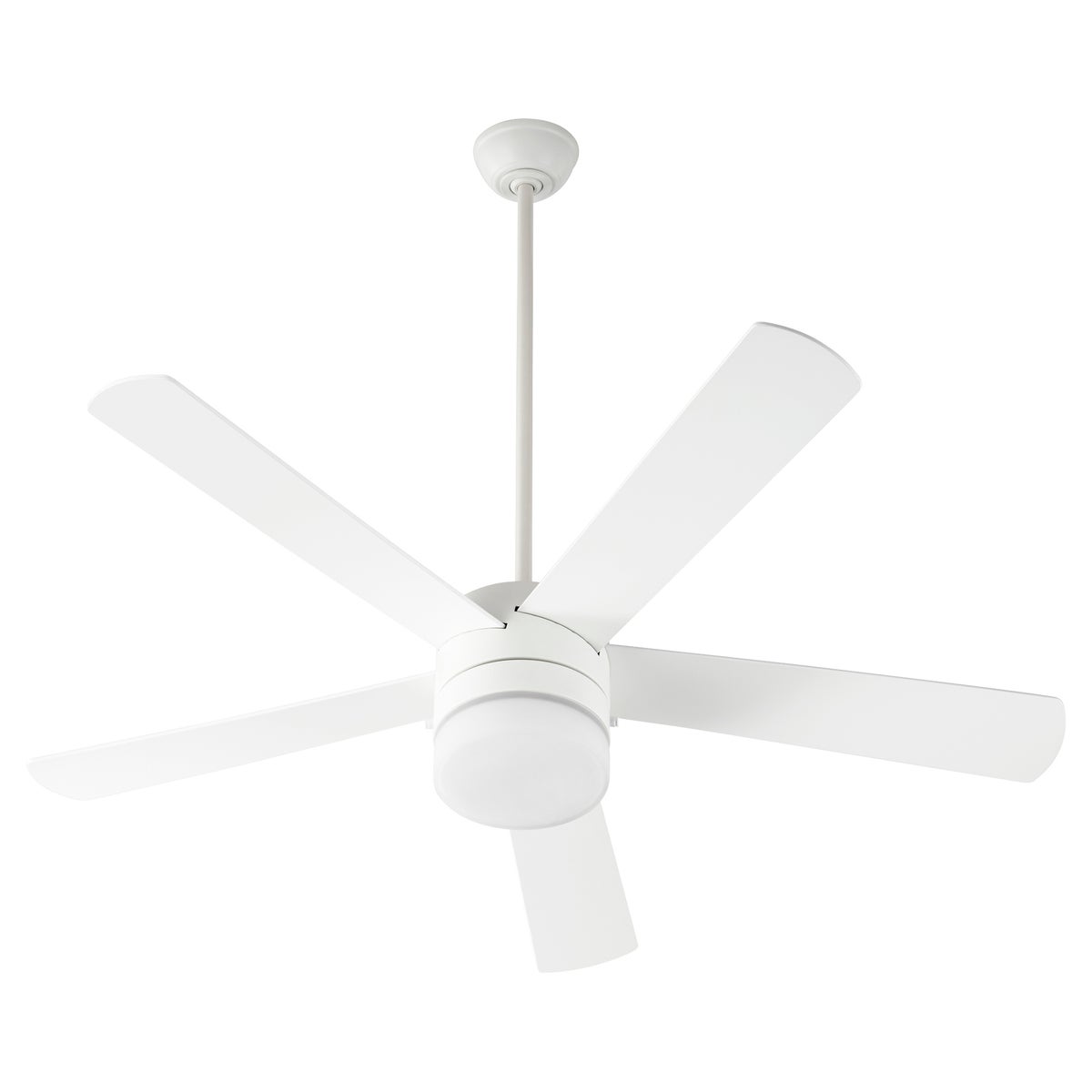 A mid century modern ceiling fan with a light, featuring a clean monochrome finish on the housing, motor, and blades. Effortlessly circulates air with its five-blade system. Perfect for delivering cooling comfort to your home.