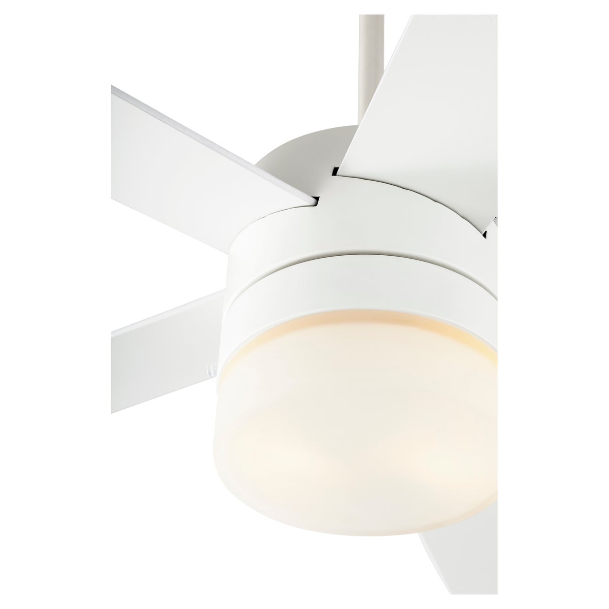 A mid century modern ceiling fan with a light fixture, featuring a clean monochrome finish on the housing, motor, and blades. The five-blade system provides efficient air circulation, while a translucent lighting shade adds an elegant touch. Perfect for delivering cooling comfort to your home.