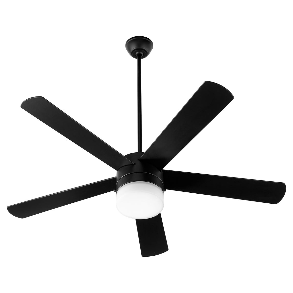 A mid century modern ceiling fan with a light, featuring a clean monochrome finish on the housing, motor, and blades. The five-blade system provides efficient air circulation, while the translucent lighting shade adds an elegant touch. Perfect for delivering cooling comfort to your home.