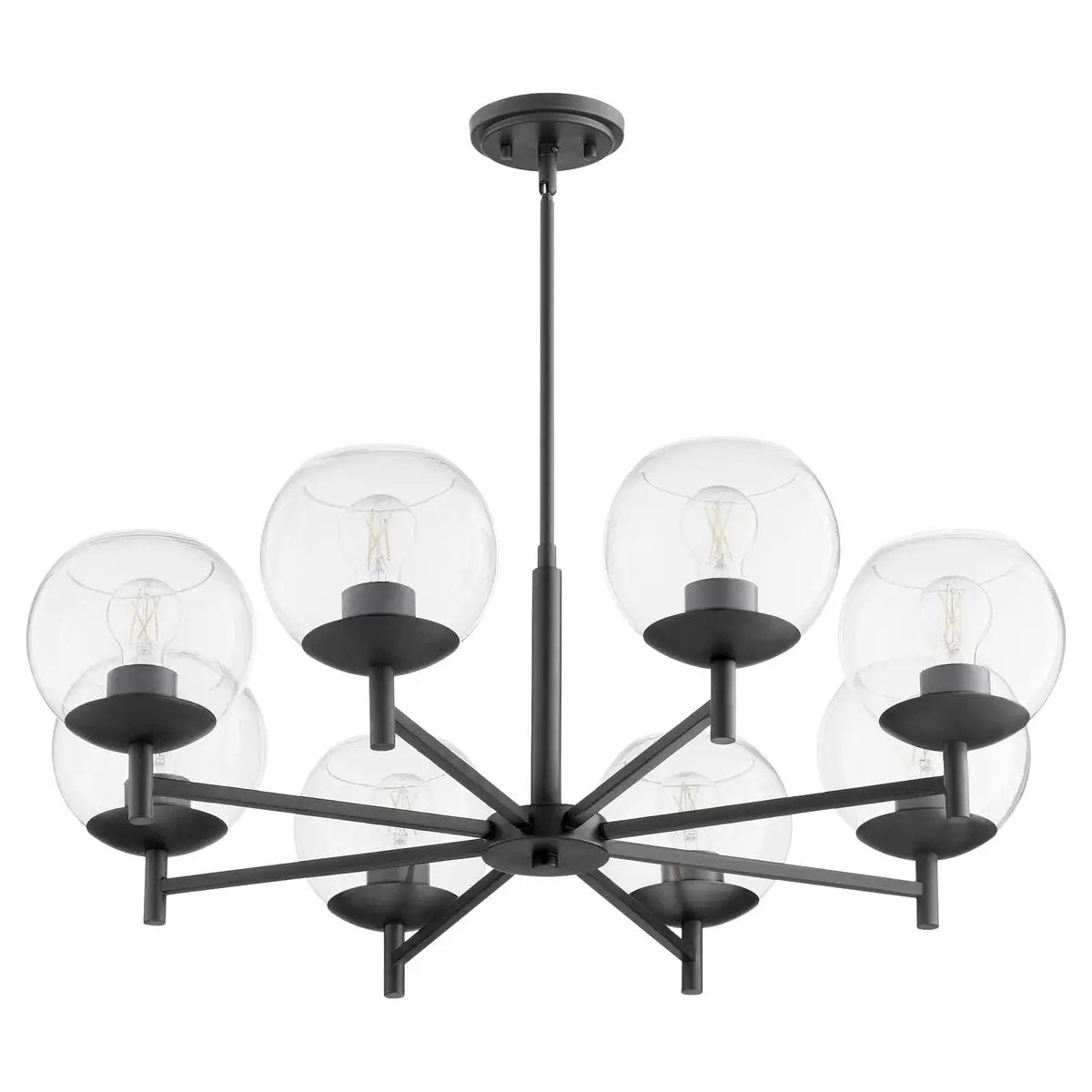 Mid Century Modern Chandelier with clear lights and rounded casings, showcasing subtle, stylized design. Strong angles and bold lines complement rounded profiles. Matte Black finish. Perfect for kitchens, dining rooms, living rooms, or entry foyers. 34&quot;W x 11&quot;H. 8 bulbs, 60W, Medium E26 base. Dimmable. UL Listed. 2-year warranty.