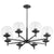 Mid Century Modern Chandelier with clear lights and rounded casings, showcasing subtle, stylized design. Strong angles and bold lines complement rounded profiles. Matte Black finish. Perfect for kitchens, dining rooms, living rooms, or entry foyers. 34"W x 11"H. 8 bulbs, 60W, Medium E26 base. Dimmable. UL Listed. 2-year warranty.