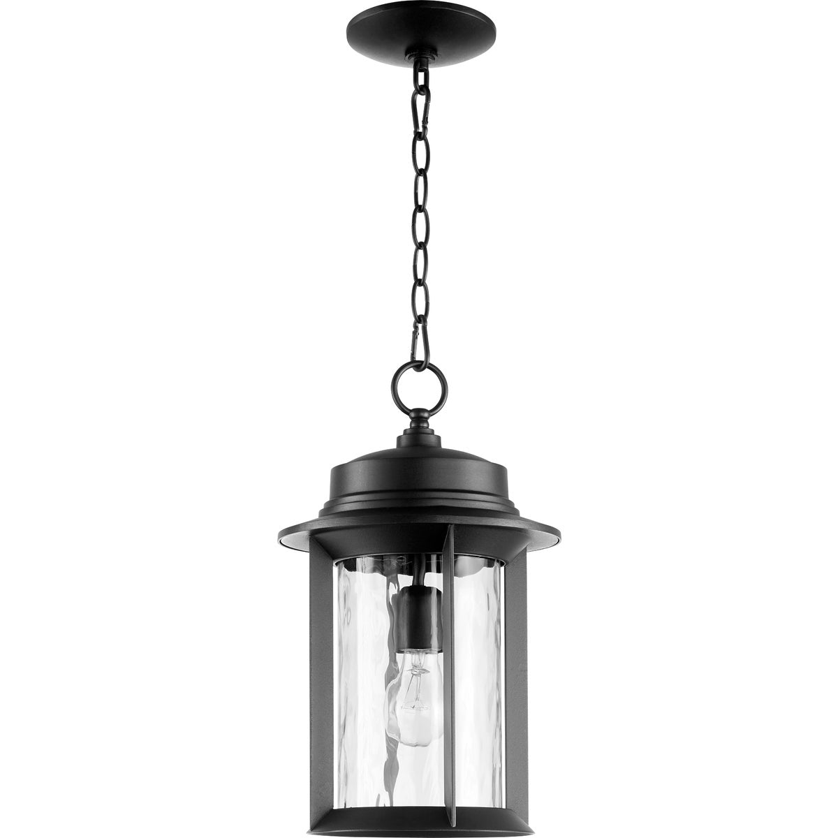A black mid century modern outdoor hanging light fixture with hammered glass panes, showcasing a clean-lined drum silhouette and a simple backplate. Casts a bright light on your outdoor space.