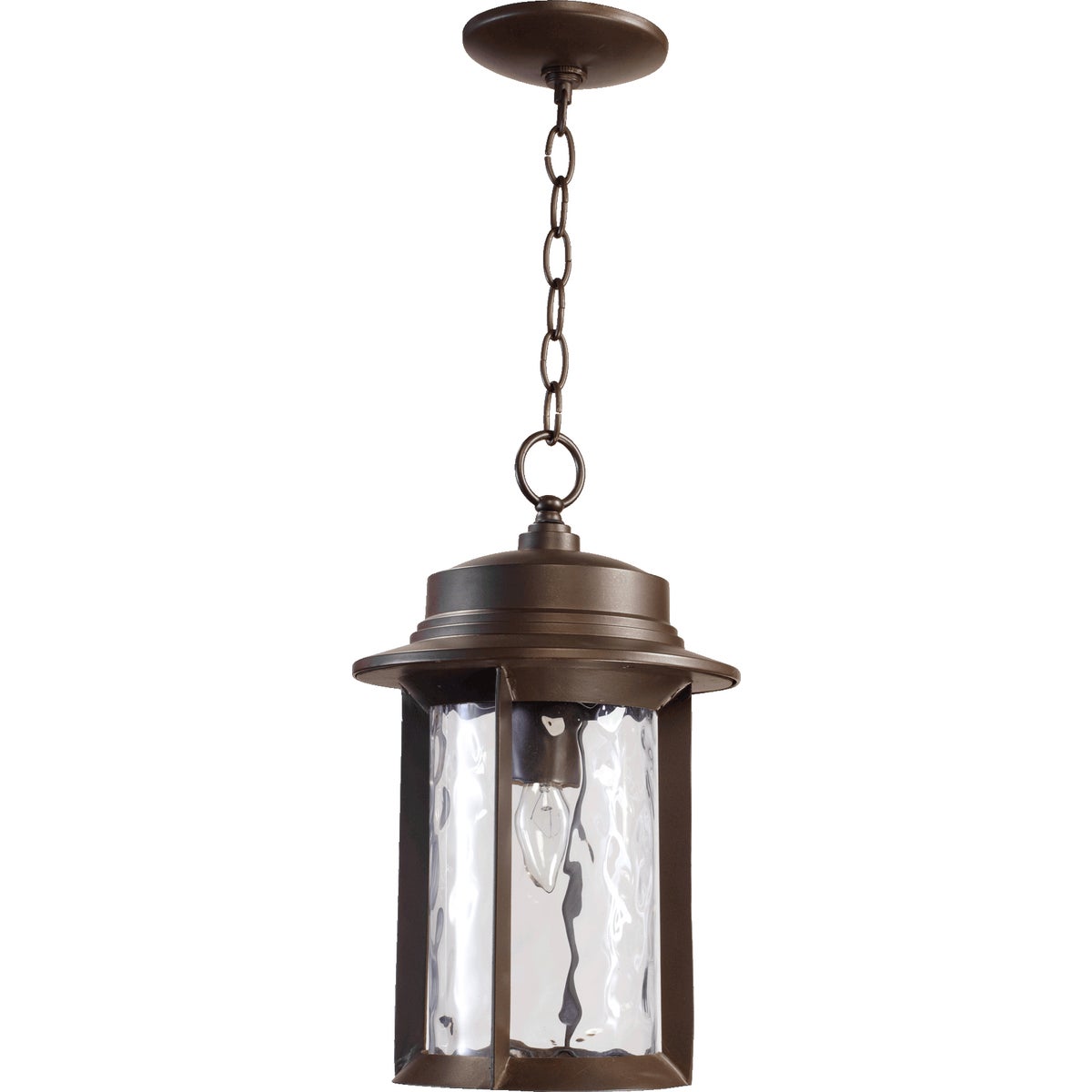 Mid Century Modern Outdoor Hanging Light with hammered glass panes, clean-lined drum silhouette, and durable metal construction. Fits single dimmable 100W bulb (not included). UL Listed for Wet Locations. Dimensions: 9.5"W x 15.75"H.