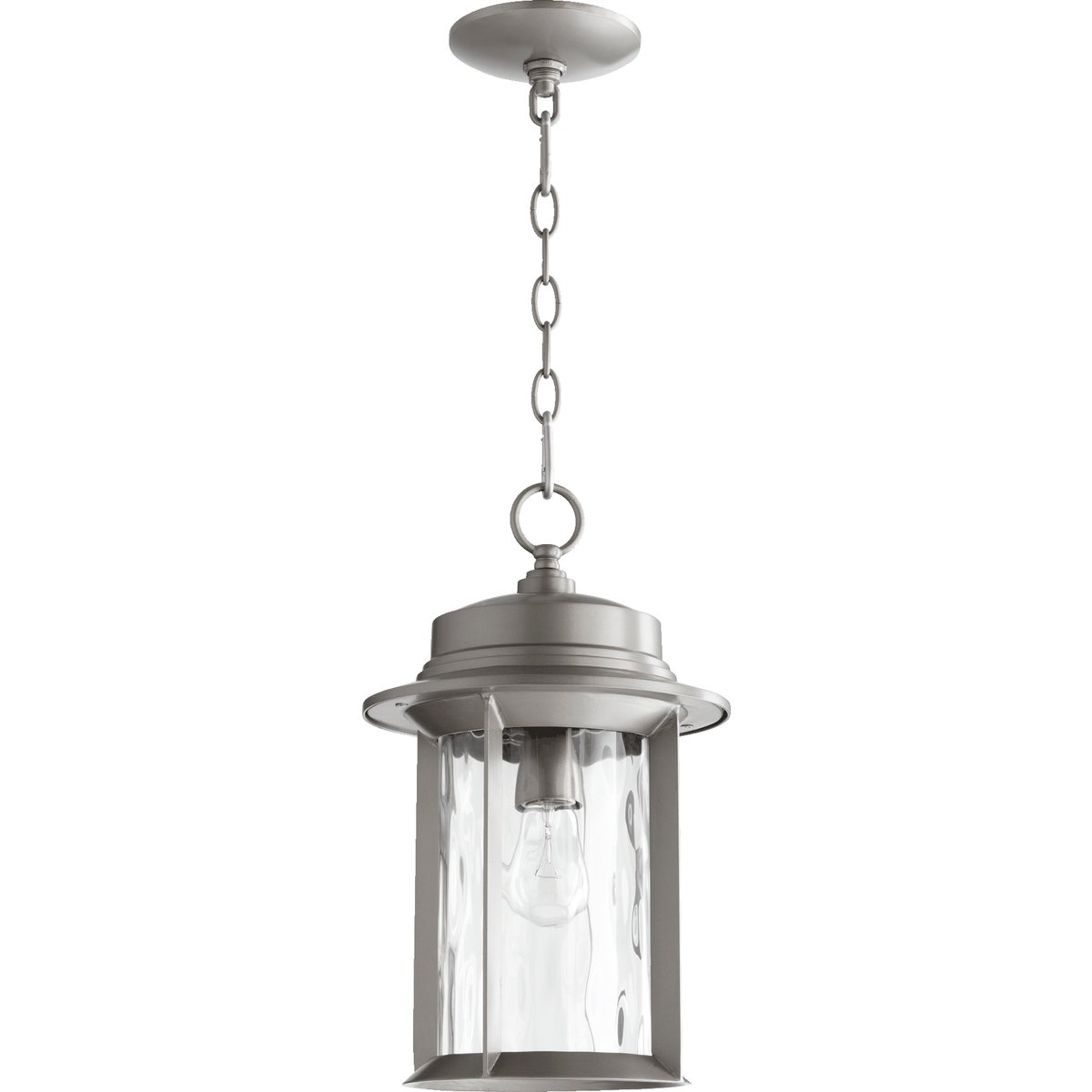 A mid century modern outdoor hanging light fixture with a clean-lined drum silhouette and hammered glass panes. Durable metal construction. Fits a single dimmable 100W bulb (not included).