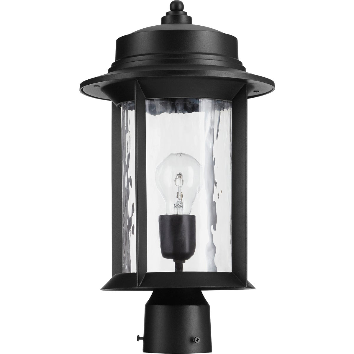 A black mid century modern outdoor post light with clear glass panels, perfect for illuminating your home's exterior. Made from durable metal, this fixture features a clean-lined drum silhouette and hammered glass panes for added embellishment. Fits a single dimmable 100W bulb (not included).