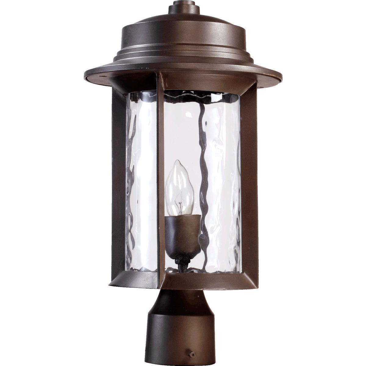 Mid Century Modern Outdoor Post Light with clear glass shade, metal frame, and hammered glass panes. Fits a single dimmable 100W bulb (not included). UL Listed for wet locations. Dimensions: 9.5"W x 17"H. Warranty: 2 Years.