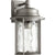 A mid century modern outdoor wall light with a clear glass shade and a clean-lined drum silhouette. Made from durable metal, this fixture features hammered glass panes for added embellishment. Fit a single dimmable 100W bulb (not included) for bright outdoor lighting.