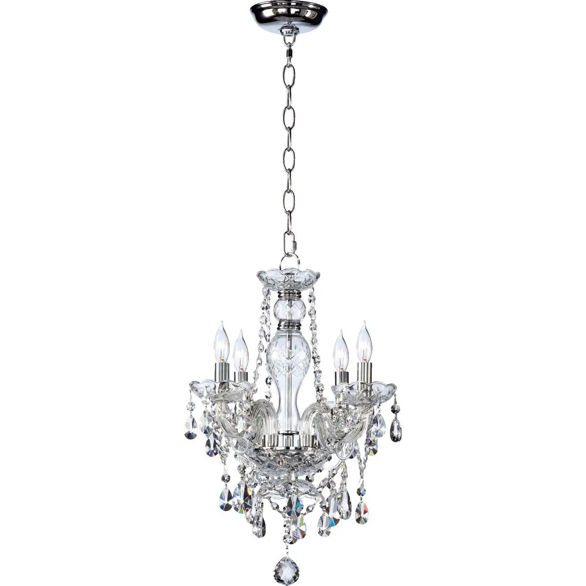 A close-up of a Mini Crystal Chandelier with tear drop crystal accents, creating dazzling, prismatic effects.