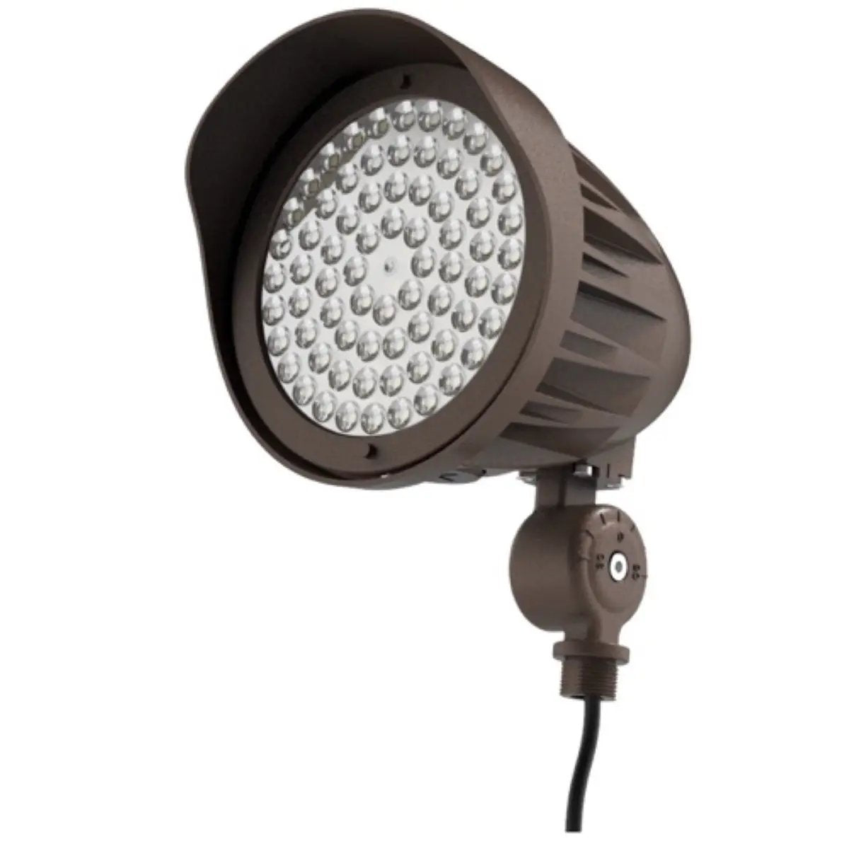 Mini LED Flood Light with cable, close-up of light bulb. Provides 1998-3292 lumens of tunable white light. Power and color select technology for easy on-site customization. Built-in photocell and twist on/off lens cap. Ideal for outdoor applications. Keystone Technologies.