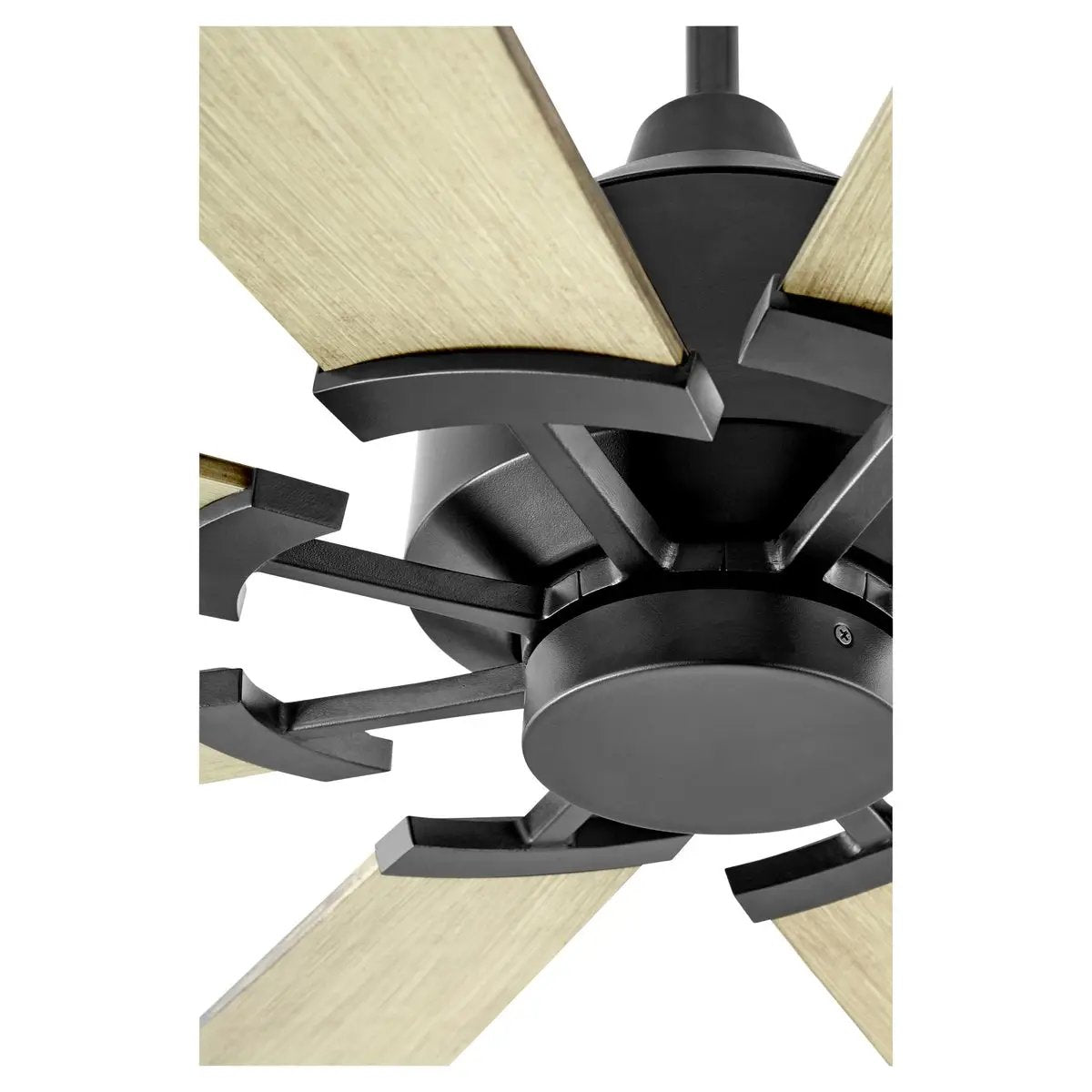 A close-up of the Quorum International Modern Ceiling Fan, showcasing its 8-blade design and sleek finish. Perfect for mid-sized and larger spaces, this fan can transform your living room or bedroom with its modern farmhouse aesthetic or eclectic traditional design. Elevate your space with this functional and stylish ceiling fan.