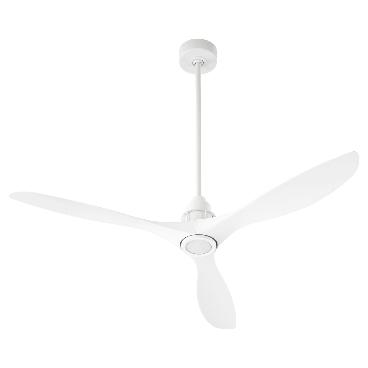 A sleek, modern ceiling fan with a light, featuring a chrome stained housing and three monochromatic blades. Provides powerful and long-lasting air circulation in any interior space.