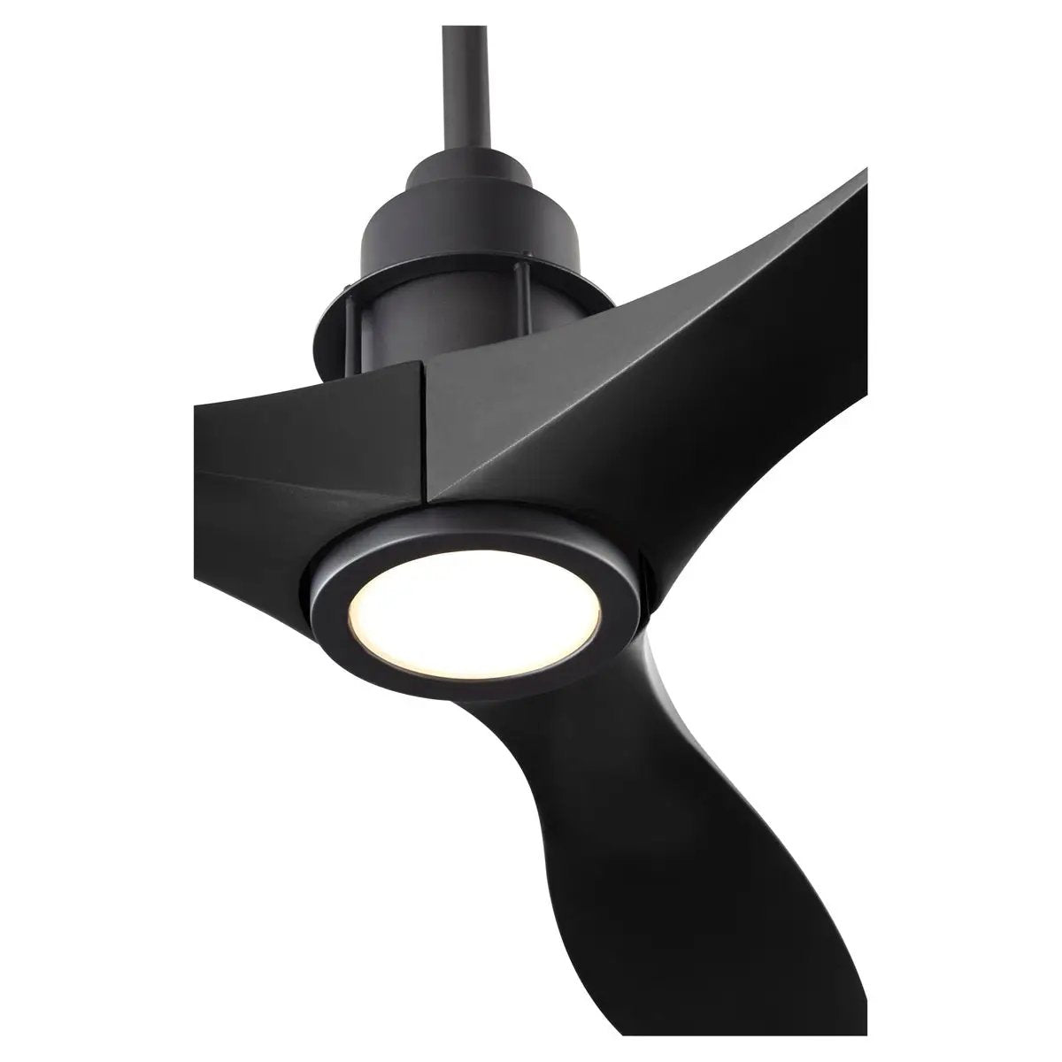 A sleek, modern ceiling fan with a light. Chrome stained housing and monochromatic blades deliver powerful air circulation.